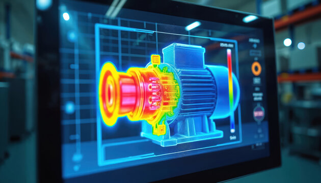 Thermal imaging screen displays electric motor heat map. Diagnostic scan shows temperature zones for inspection and maintenance in factory. Technology for energy efficiency.