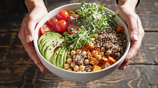 Hands holding healthy Buddha bowl on wooden table
