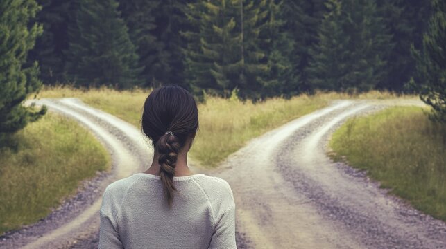 Young woman looking at two different paths, having to choose which way to go, in a forest, concept of decision, choice, way, direction, fear of better option, job insecurity, decision making fear