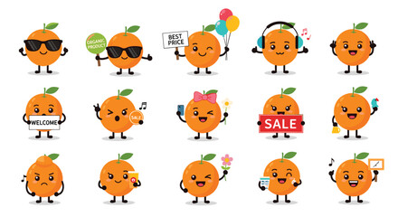 Fototapeta premium Cheerful collection of orange fruit characters displaying various emotions and actions like wearing sunglasses or holding signs.