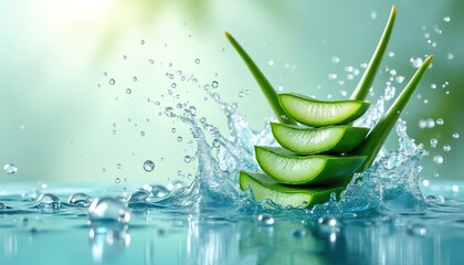 Naklejka premium Green aloe vera slices stack in water splash with bubbles. Refreshing liquid and plant offer hydration and pure natural skincare benefits. Hydration concept.