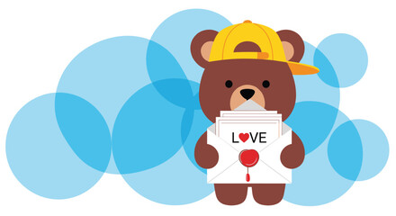 Little brown bear wearing a yellow baseball cap holds a stack of white love letters in its paws against a blue circular background.