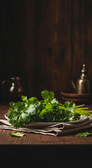 Fototapeta premium Coriander, on matte ceramic plate, top copy space