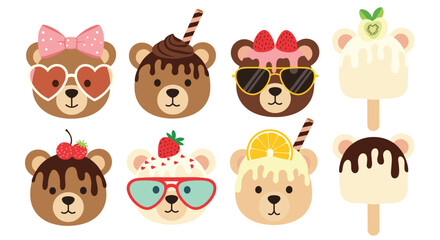 Fototapeta premium Assortment of bear shaped desserts including ice cream bars and decorated heads with various sweet toppings and fruit.