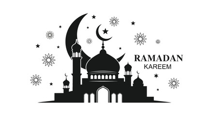 A striking ramadan kareem design featuring a mosque and crescent moon in black silhouette high quality professional detailed © AL-AMIN