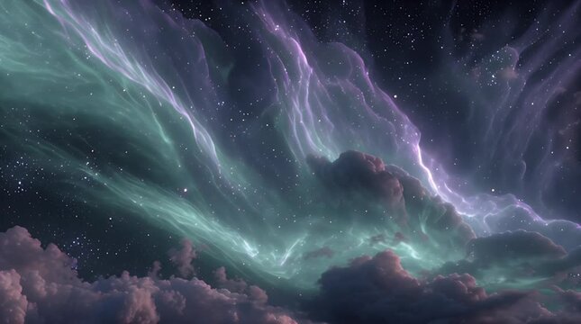 A dreamy scene of ethereal clouds blending vibrant purples and greens against a star-filled, indigo sky. Below, fluffy pinkish clouds add dimension