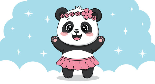 Charming panda girl wearing a pink skirt and flower crown dancing among clouds and stars in a whimsical scene.