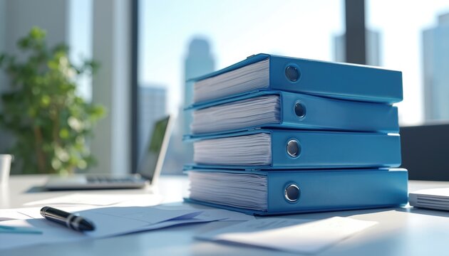 Stack of blue binders with papers on office desk. Laptop plant and city view in background. Workplace organization and business administration.