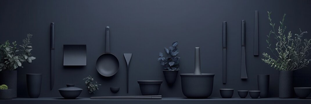 Utensilios de cocina minimalistas en monocromo azul oscuro con detalles bot&aacute;nicos sutiles.