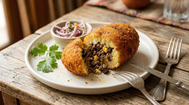 Fried Peruvian Papa Rellena Stuffed Potato with Beef