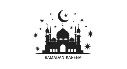 A striking black silhouette of a mosque with a crescent moon and stars conveys a peaceful ramadan kareem message silhouette © AL-AMIN