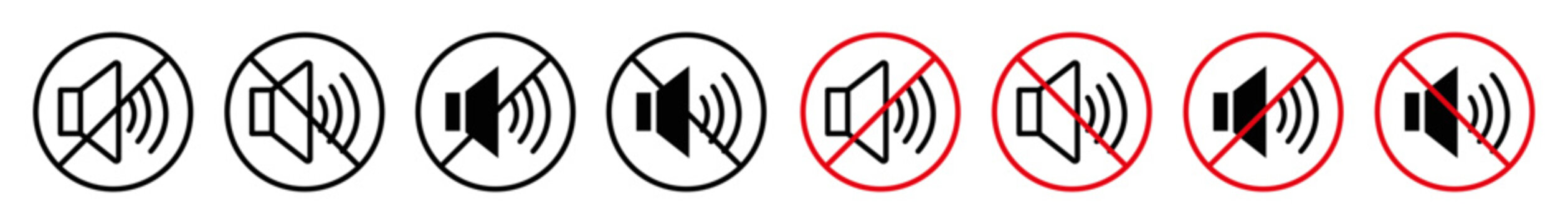 Mute sound icon set. Mute sound vector symbol in black filled and outlined style.
