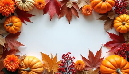 Fototapeta premium Autumn harvest border with pumpkins, orange gerbera flowers, red rowan berries and colorful fallen leaves on white background. Festive seasonal natural decor composition celebrating fall abundance.