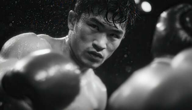 Boxeador asi&aacute;tico concentrado en combate, sudor y tensi&oacute;n en un ring oscuro, estilo blanco y negro.