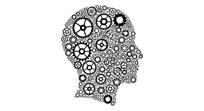 A conceptual artwork depicting a human head filled with intricate gears and cogs a silhouette high quality professional