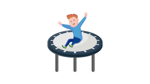 A cartoon boy joyfully bouncing on a trampoline, surrounded by colorful clouds and a bright blue sky.