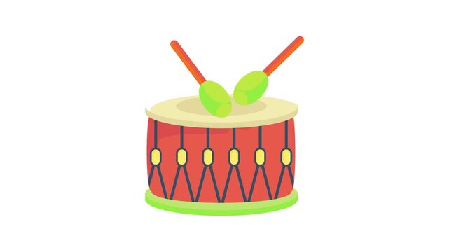 A drum featuring two drumsticks on its surface, with a separate drumstick lying beside it.