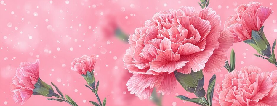 Ilustraci&oacute;n digital de claveles rosados con fondo brillante y destellos, ideal para celebraci&oacute;n.