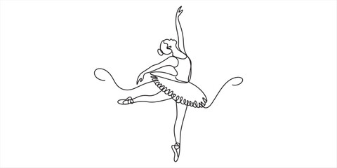 Elegant continuous line drawing of a ballerina dancer performing a graceful ballet pose Vector, illustration © Kanu Art_Gallery