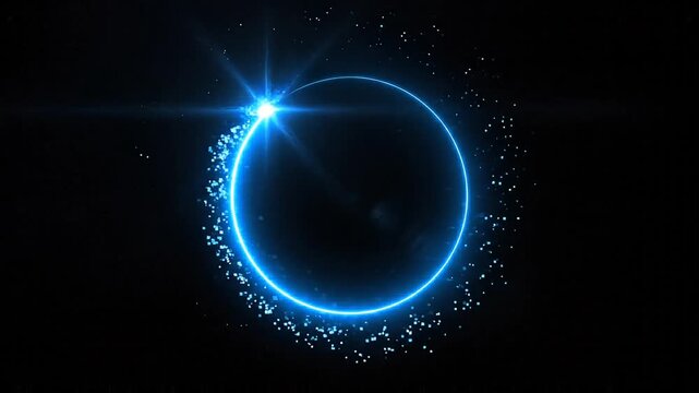 Abstract blue glowing circle forms with sparkling particles and bright lens flare on a dark background.