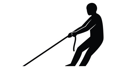 A stark black silhouette depicts a person intensely pulling on a rope portraying focused effort silhouette high quality