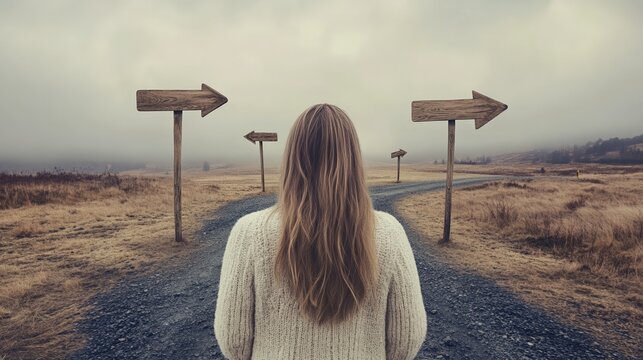 Young woman facing an important decision at a crossroads with four wooden signs in a desolate landscape, embodying the challenge of choice and direction