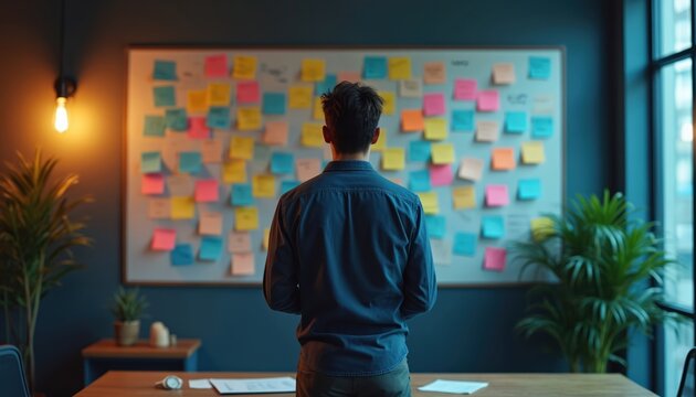 Man looks at wall covered with colorful sticky notes. He stands in office, planning work or brainstorming ideas. Creative team collaborates on project. Discussing strategy and tasks.