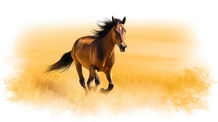 Obraz premium Horse Galloping Across Open Field in Vibrant Motion and Warm Colors