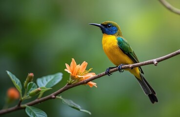 Obraz premium Small yellow bird with blue throat sits on branch near orange flower. Green foliage forms soft background. Avian nature scene shows vibrant colors of tropical wildlife.