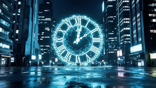 A large glowing clock face in the center of a city square at night surrounded by tall buildings and people