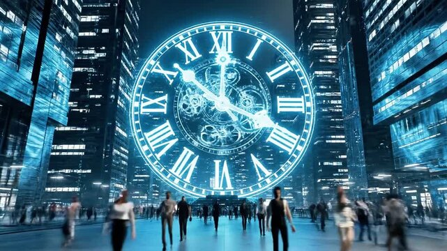 A futuristic city street at night with a large glowing clock face looming over the scene, surrounded by people and skyscrapers