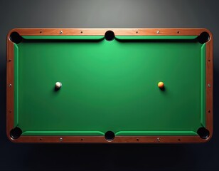 Top view of a green billiard table with two balls near corners and six pockets. Wood frame surrounds the felt playing surface, isolated on dark background. Ready for a game.