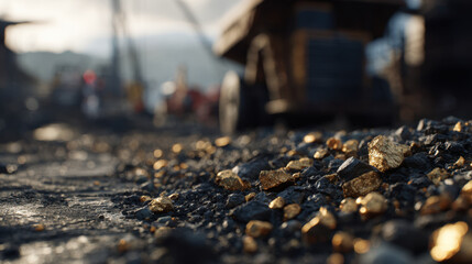 Fototapeta premium Gold nugget fragments on gravel in mining site with heavy equipment and blurred workers in background, warm cinematic light and shallow depth of field