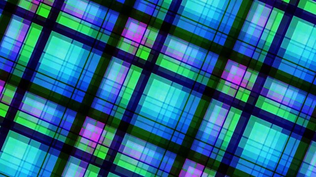 Vibrant plaid pattern with intersecting lines and colorful squares in a dynamic grid arrangement