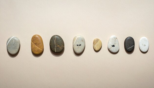 Collection of smooth pebbles with unique natural patterns and colors on a neutral background
