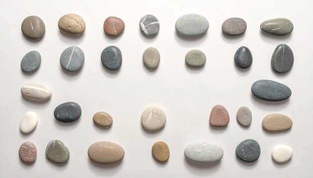 Collection of smooth rounded pebbles and stones in various colors and textures on white background