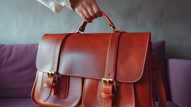 A close-up shows a large leather briefcase with gold-colored clasps and a shoulder strap. It floats against a blurred background, above a purple couch