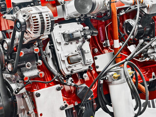 Fototapeta premium Detailed view of a high-performance engine showcasing intricate components and advanced technology in automotive engineering