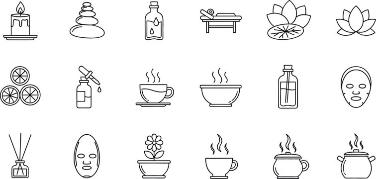 Wellness and spa treatment line icon set featuring aromatic candle massage stones essential oils lotus flower facial mask and herbal tea for beauty salon.