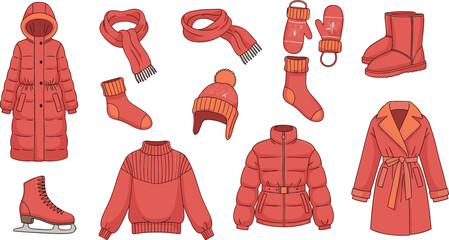 Set of winter seasonal clothing icons featuring puffer jackets wool coats scarves hats mittens socks boots and ice skates for cold weather fashion. © MstRozinaAkter