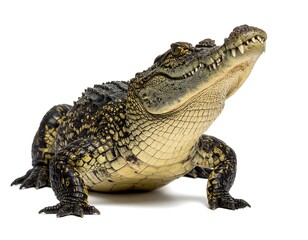 Naklejka premium Full body shot of a reptile with rough, scaly skin. It has sharp teeth, a powerful jaw, and piercing eyes. The background is white