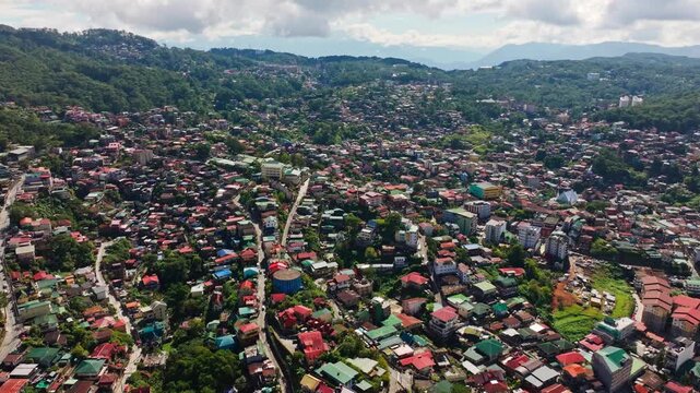 Wide aerial establishing shot of Baguio City, Benguet Philippines