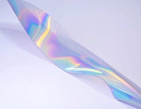 Pellicola olografica trasparente con riflessi iridescenti cangianti su sfondo chiaro