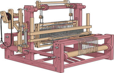 Traditional wooden weaving loom machine vector illustration with intricate mechanical details for textile production, handcraft industry, historic fabric manufacturing, and artisanal craftsmanship.