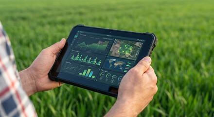 Hands holding tablet with smart farming data and analytics over green crop field, precision agriculture dashboard, digital monitoring. 