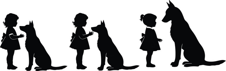 Girl and dog silhouette, growth stages illustration, child and pet companionship vector, friendship over time, black silhouette art design