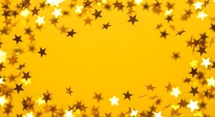 Sparkling gold star confetti forming a festive border on a vibrant yellow background with central copy space