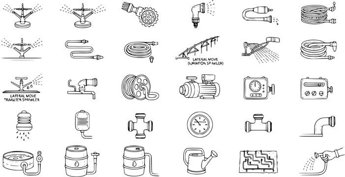 Hand-drawn vector icons of irrigation and watering system equipment, tools, and accessories for agriculture and gardening