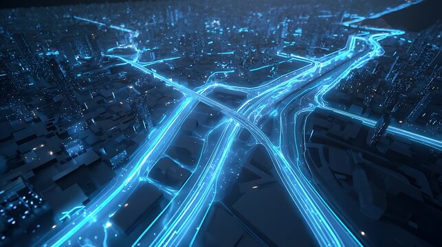 blockchain urban mobility system, glowing transport routes across futuristic city, smart traffic and toll token payments,