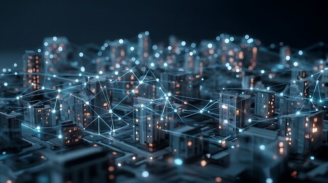 smart property tokenization network in futuristic city, glowing real estate tokens linked to blockchain grid, urban digital finance visualization